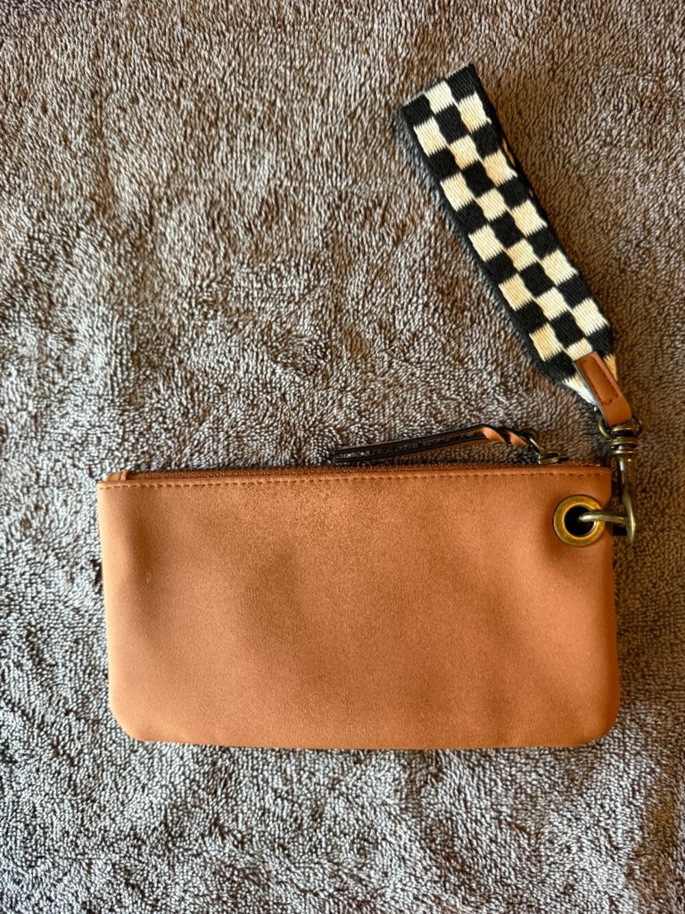 Universal Thread Brown Wristlet Wallet Card Holder w/Checkered Strap Like New
